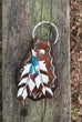 Turquoise Brown and White leather feather keychain